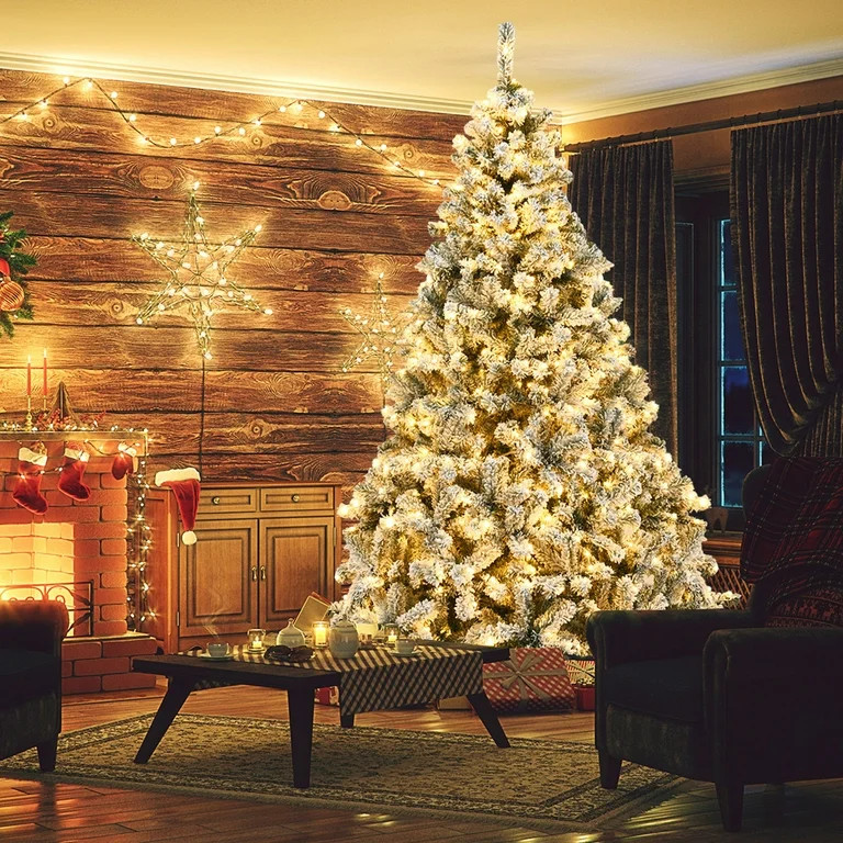 Gymax 9 FT Pre-Lit Christmas Tree Snow Flocked Hinged Pine Tree w/ Metal Stand | Walmart (US)