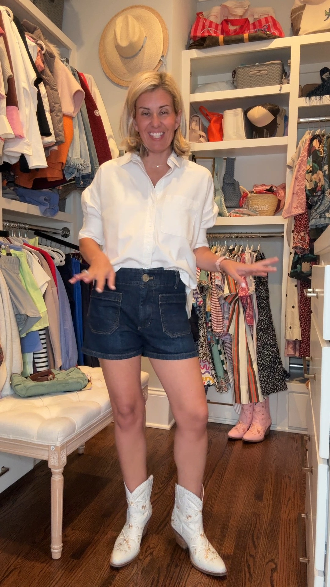 I think this should be our uniform…endless styling possibilities with a white top and denim shorts. 

Sizing:
Top - xs
Shorts - 27
Boots - 8 tts 

#LTKdayinmylife #LTKSeasonal #LTKOver40
