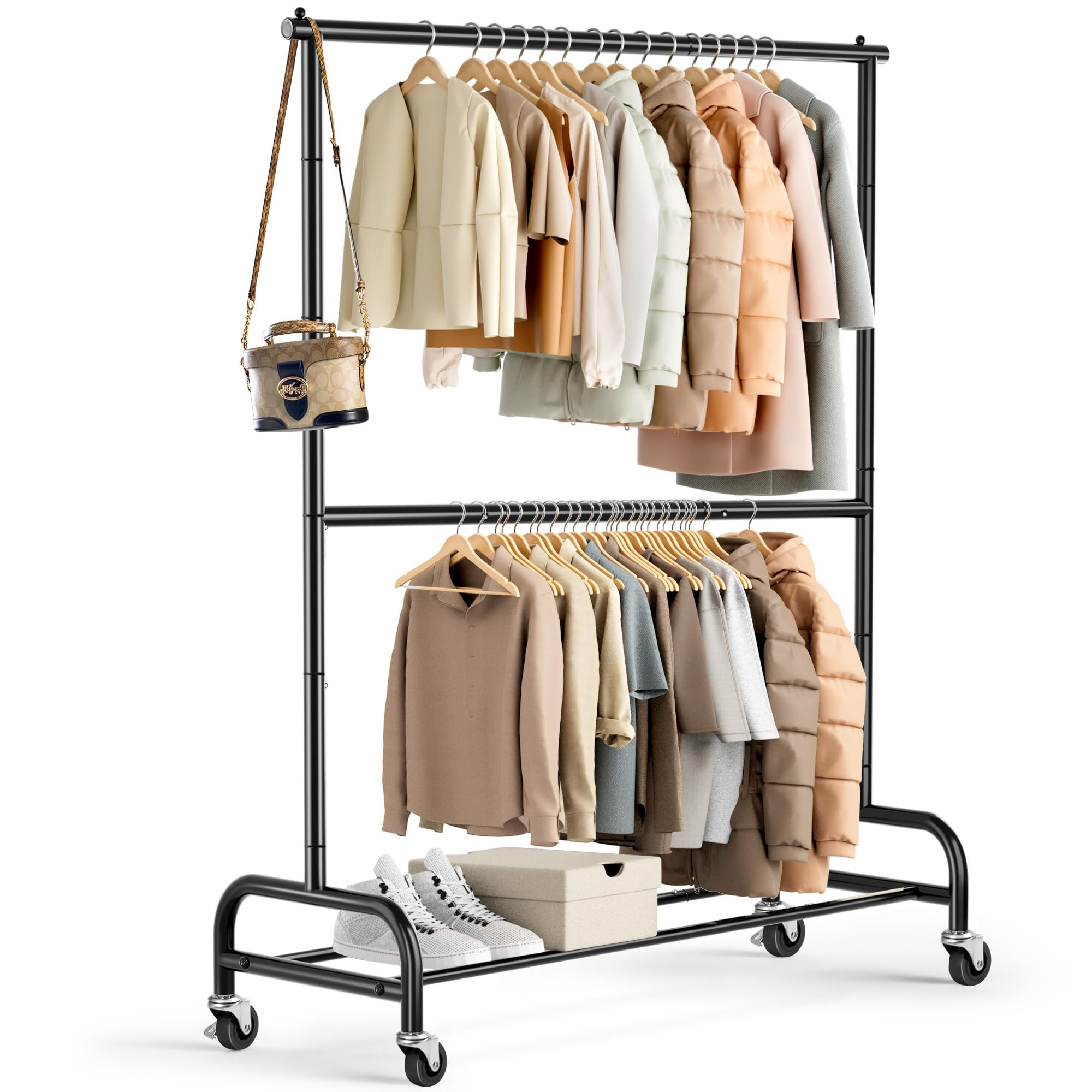 MISSLO Heavy Duty Clothing Racks for Hanging Clothes Rack Double Rod Garment Rack Rolling Closet ... | Amazon (US)