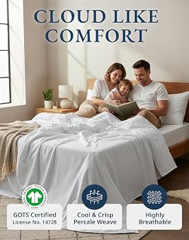 LANE LINEN Queen Sheets 100% Organic Cotton 4pc Percale Cooling - White | Amazon (US)