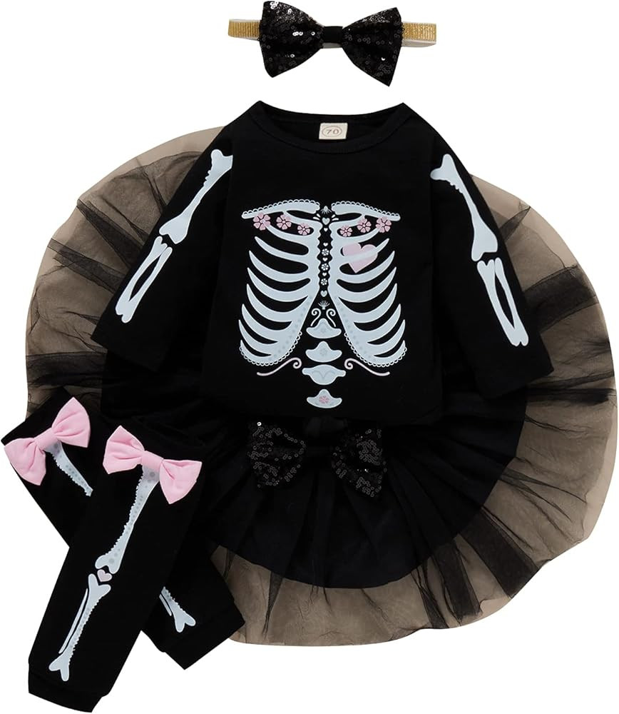 Newborn Girl Halloween Costumes Cute Baby Long Sleeve Skeleton Outfits Skull Romper Tulle Skirt P... | Amazon (US)