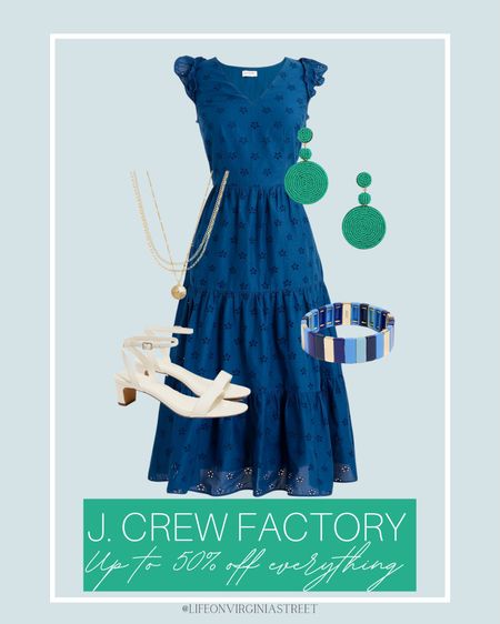 J. Crew 50% off everything right now! So many great deals! The sale uncludes this blue dress, green earrings, white heels, blue bracelet, and gold necklace. 

j. crew factory, j. crew factory outfit, spring dress, spring outfit, spring finds, easter outfit, spring wedding guest outfit, wedding guest outfit, j. crew factory, spring fashion, coastal style

#LTKSeasonal #LTKsalealert #LTKstyletip