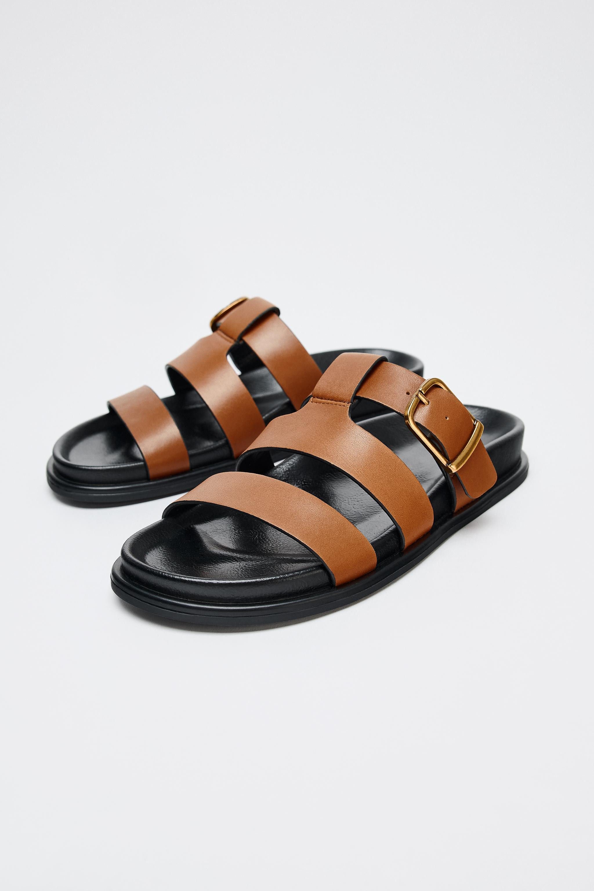 FLAT LEATHER BUCKLE SANDALS | Zara US