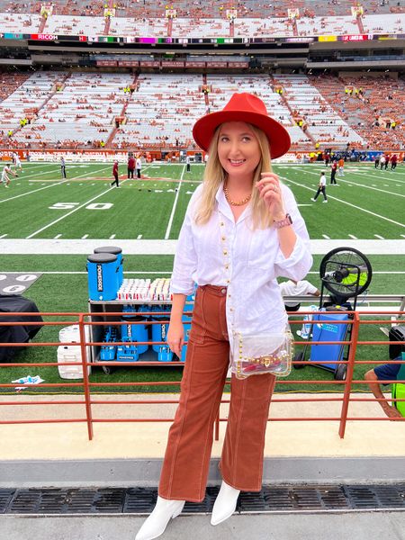 Game day outfit university of Texas! Size up one size in pants, top is oversized fit.

Texas Longhorns, game day, football outfit, game day outfit, white western boots, fedora, amazon fashion, white button down

#LTKstyletip #LTKU #LTKunder50