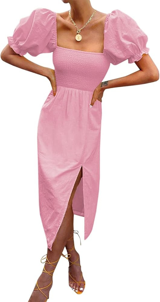 Women's Summer Casual Puff Sleeve Dress Square Neck Smocked Off Shoulder Boho Side Split Midi Dre... | Amazon (US)