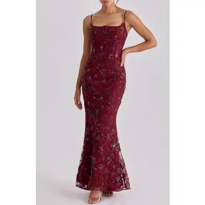 HOUSE OF CB Naima Hand Beaded Gown in Wine at Nordstrom, Size Large A | Nordstrom