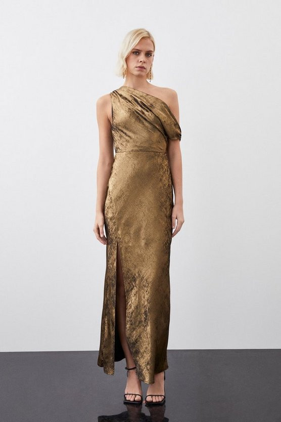 Premium Metallic Ruched One Shoulder Woven Maxi Dress | Karen Millen UK + IE + DE + NL