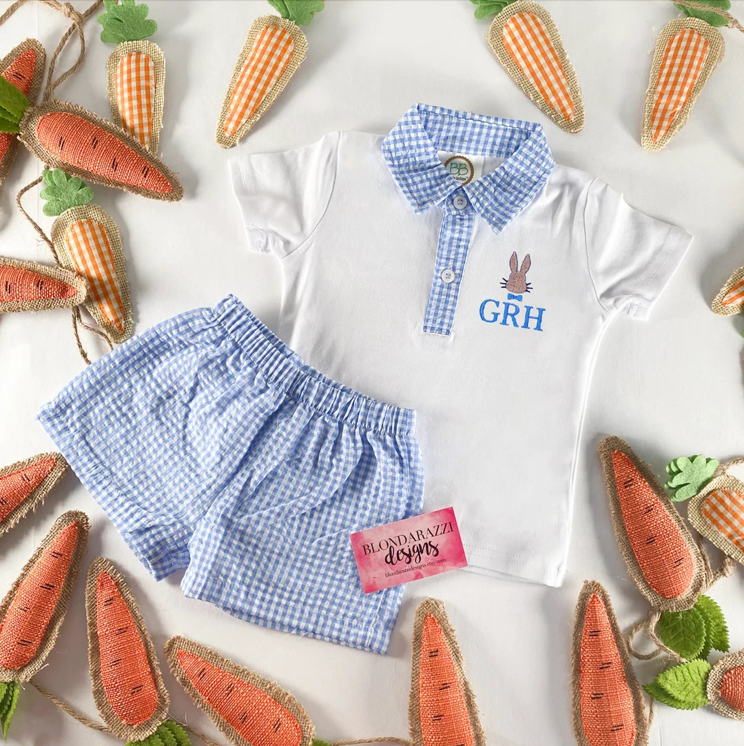 Boys Easter Outfit With Shorts and Short Sleeve Blue Gingham Print Personalized Name With a Bunny... | Etsy (US)