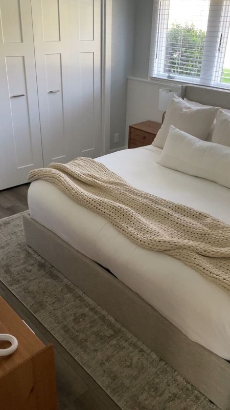 This client bedroom is light and bright now.  

Neutral bedding.  Upholstered bed frame.  Jean Stoffer Katherine area rug.  Bedside table.  Target nightstand.  Gold table lamp.  

#LTKFamily #LTKVideo #LTKHome