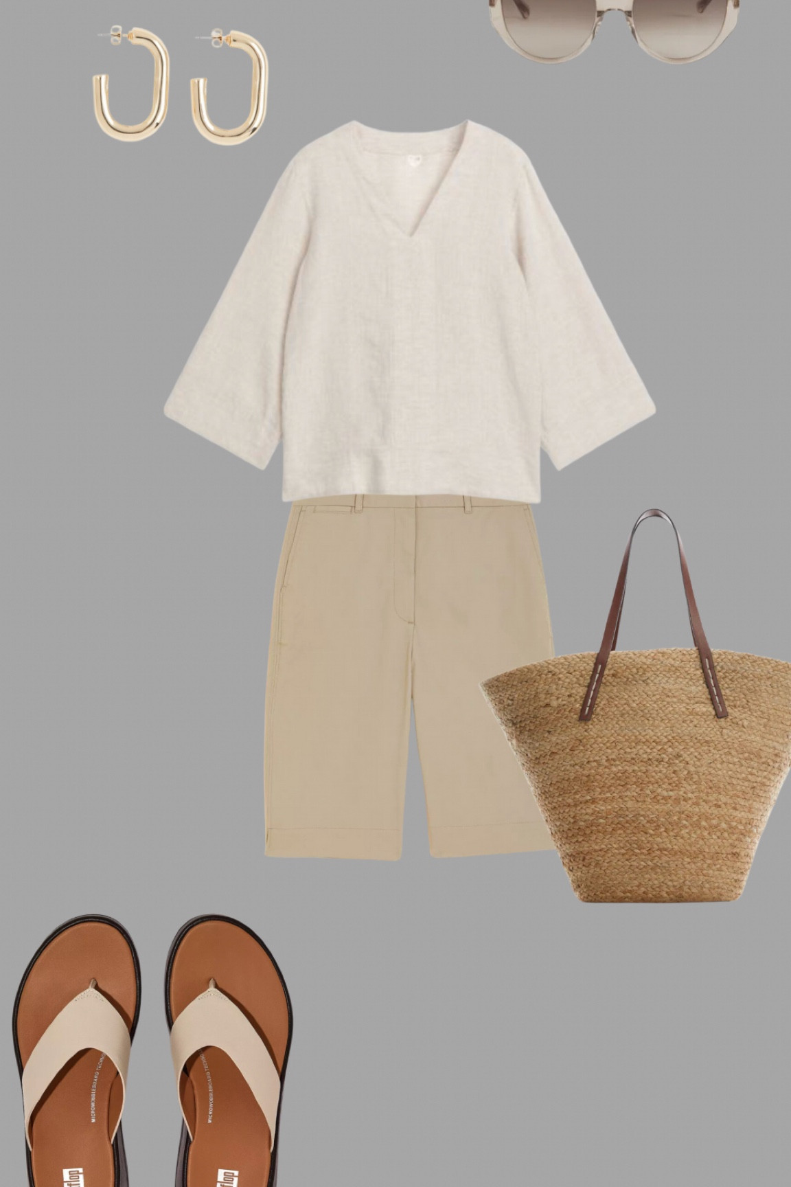 Bermuda shorts, a linen pop over, leather flip flops, a lovely basket bag and retro sunglasses