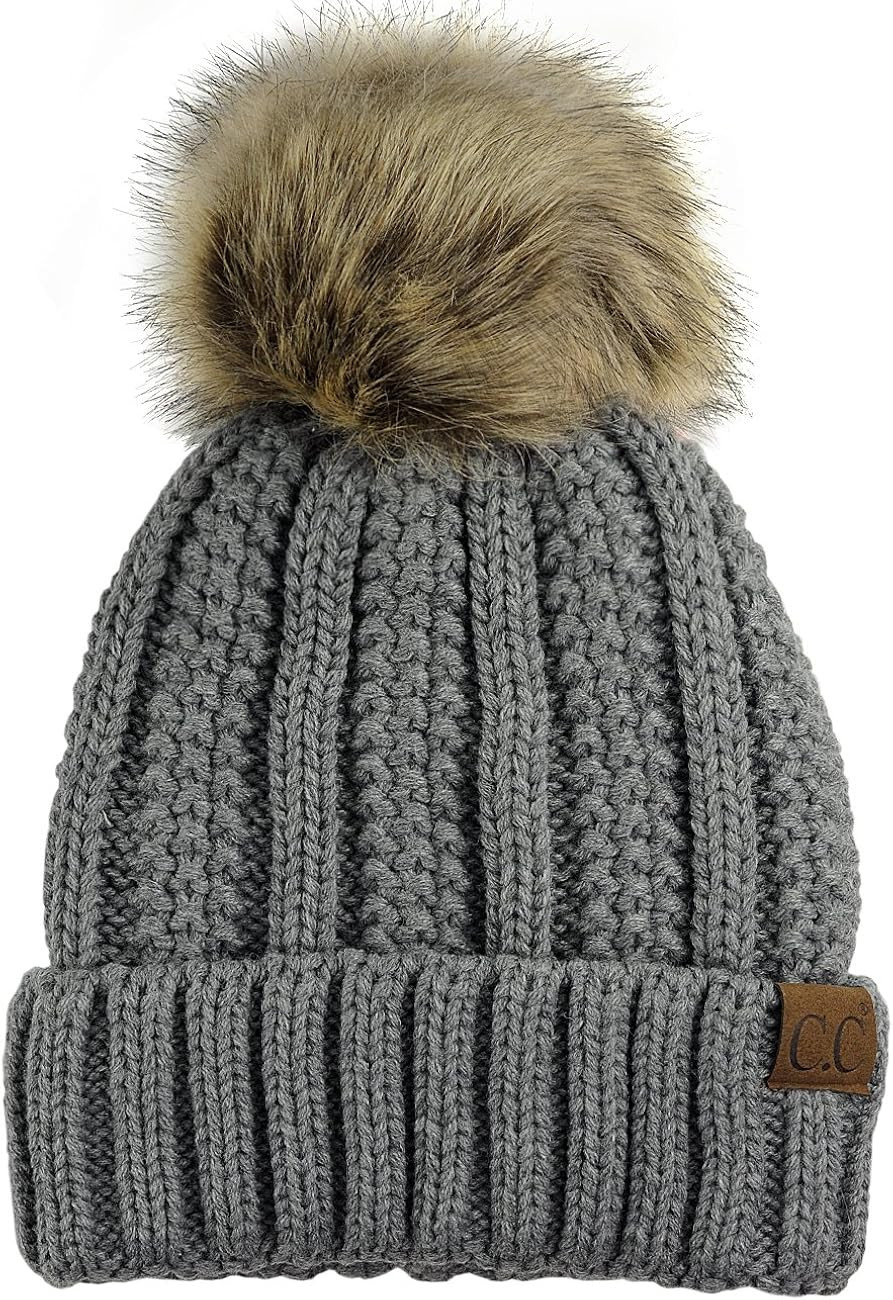 C.C Thick Cable Knit Faux Fuzzy Fur Pom Fleece Lined Skull Cap Cuff Beanie | Amazon (US)