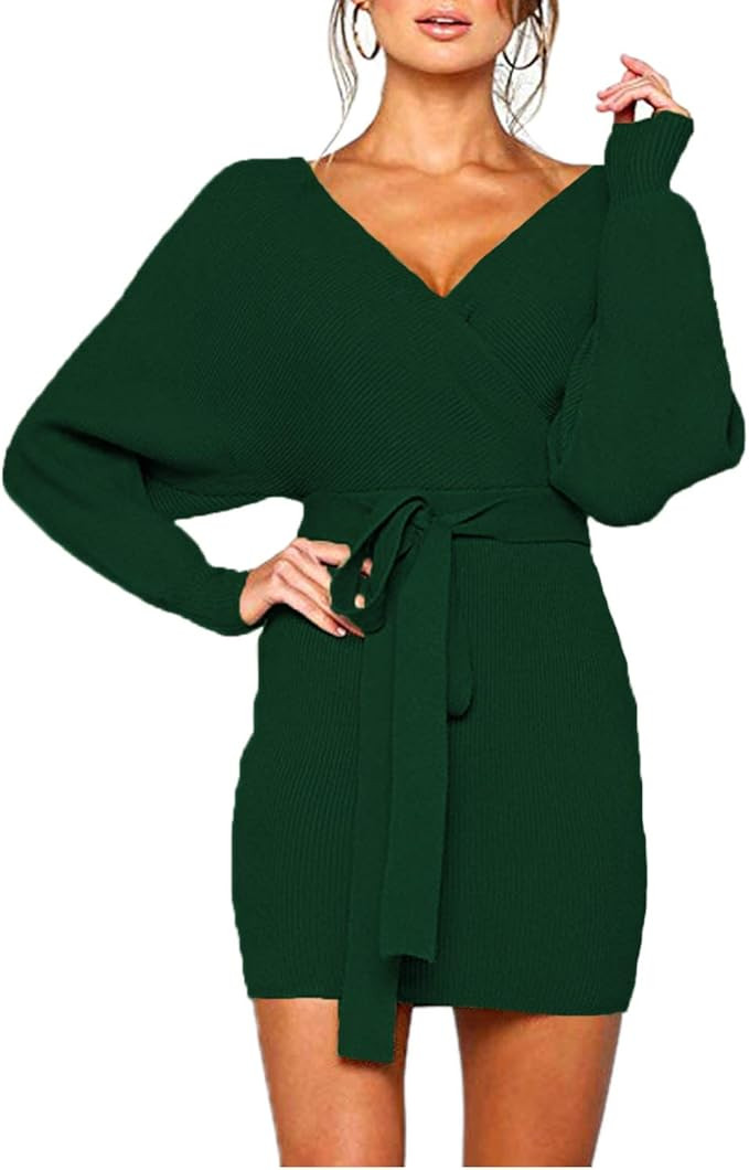 Mansy Women's Sexy Cocktail Batwing Long Sleeve Backless Mock Wrap Knit Sweater Mini Dress | Amazon (US)