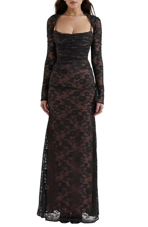 HOUSE OF CB Artemis Long Sleeve Lace Maxi Dress in Black at Nordstrom, Size Medium D | Nordstrom