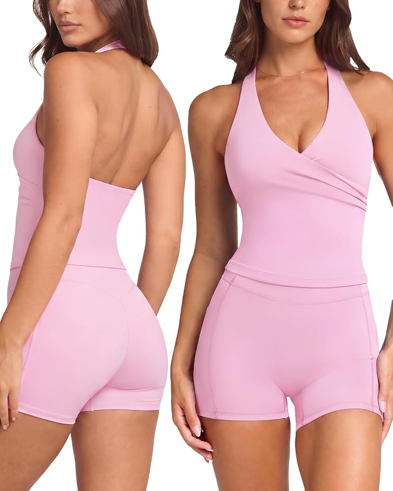 SUUKSESS Women 2 Piece Halter Open Back Workout Sets Padded Tank Top High Waisted Tummy Control B... | Amazon (US)