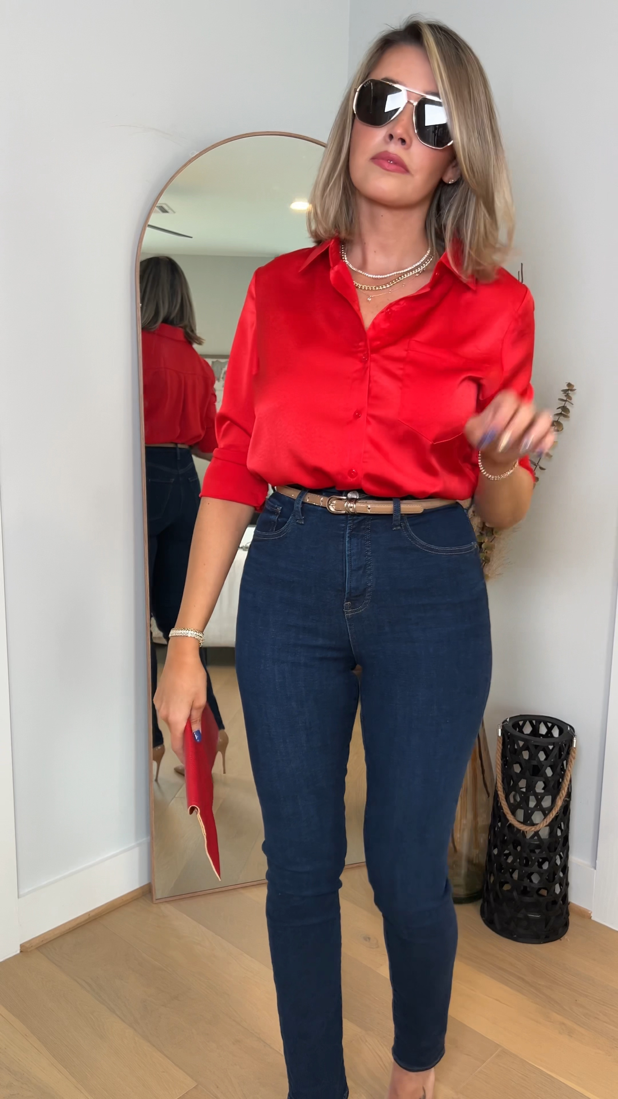 Valentine’s Day outfit idea with jeans! These slim fit straight leg jeans are amazing and super stretchy and high waist! They fit tts. The red silk top I am wearing a medium! My Melinda Maria jewelry is 10% off with code Janie 

#LTKfindsunder50 #LTKstyletip #LTKover40