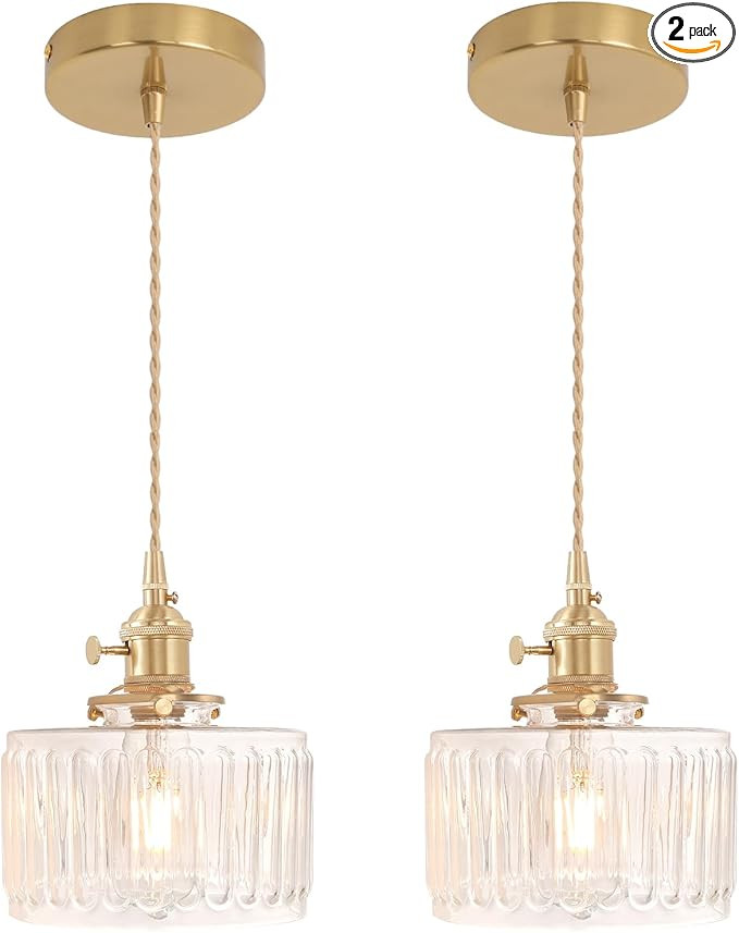 Pendant Light 2 Pack with Clear Striped Glass Lmapshade, Brass Vintage Pendant Light Adjustable H... | Amazon (US)
