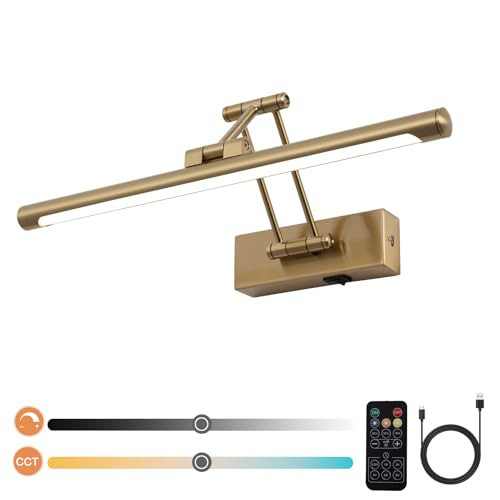 Battery Picture Lights for Wall, Rechargeable Gallery Light Wireless Art Display Lights with Dual-Rods Swing Arm Brass Painting Light with Remote & Timer 3CCT Dimmable Wall Sconces for Portrait 16” | Amazon (US)