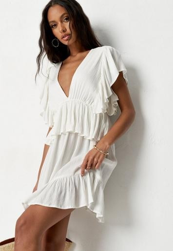 Petite Cream Frill Sleeve Plunge Smock Mini Dress | Missguided (US & CA)