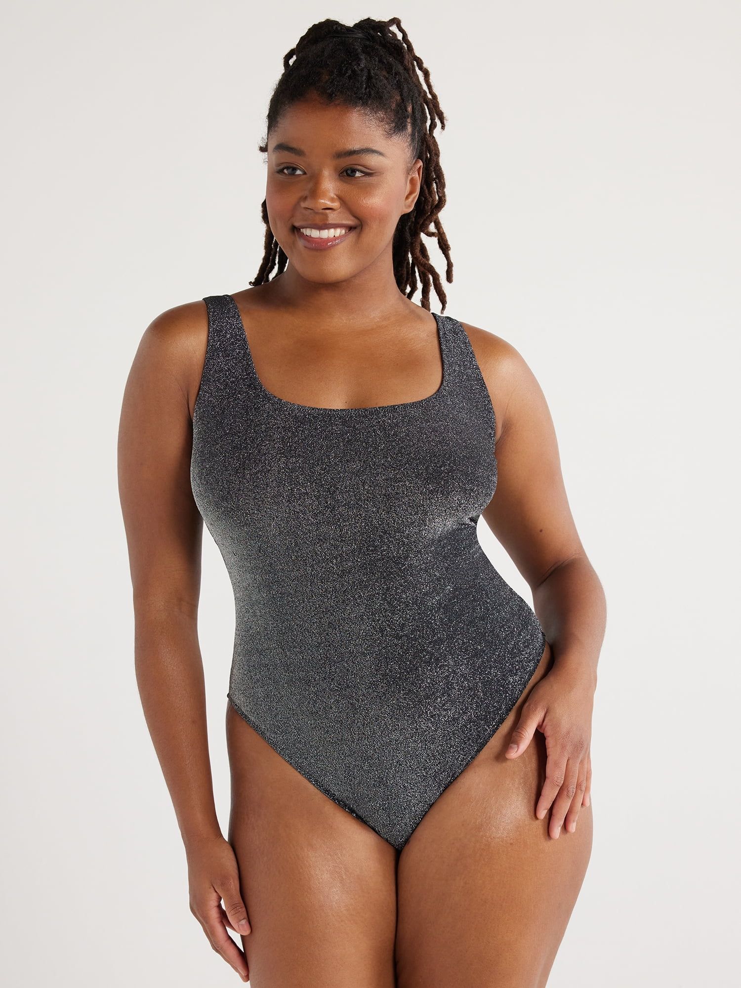 Love & Sports Women's Metallic Scooped Back Tank One-Piece Swimsuit, Black, Sizes XS-XXL | Walmart (US)