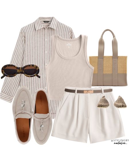 Neutral summer look, beige linen stripe shirt, taupe vest top, tailored shorts, narrow belt, Chloe woody tote bag, gold earrings, suede loafers.
Summer look, Europe outfit, casual chic, classy, elegant style.

#LTKeurope #LTKstyletip #LTKspring