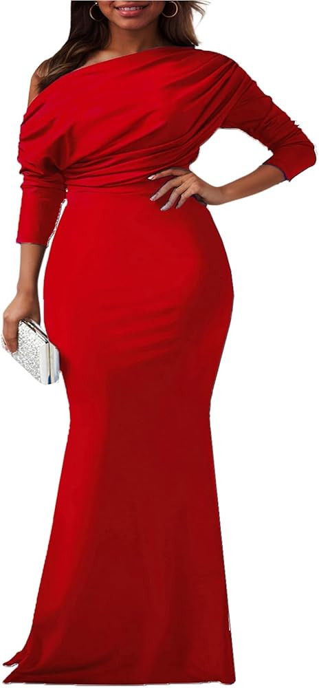 Formal Dresses for Women Elegant Off Shoulder Evening Party Gowns Sexy Bodycon Ruched Prom Weddin... | Amazon (US)
