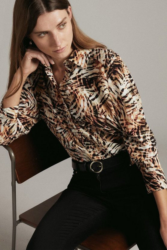 Tiger Print Woven Buttoned Shirt | Karen Millen UK & IE
