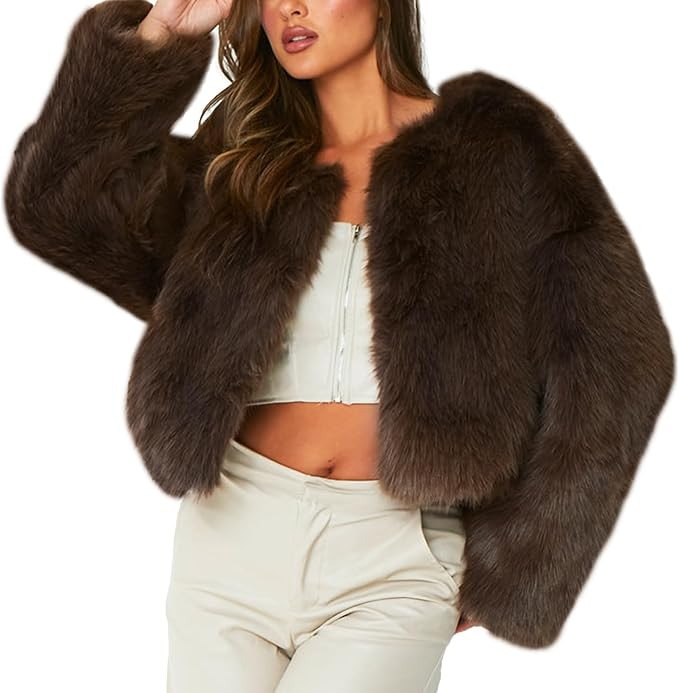 Flygo Women Faux Fur Coat Fluffy Long Sleeve Open Front Cropped Furry Jacket Shaggy 2025 Warm Win... | Amazon (US)