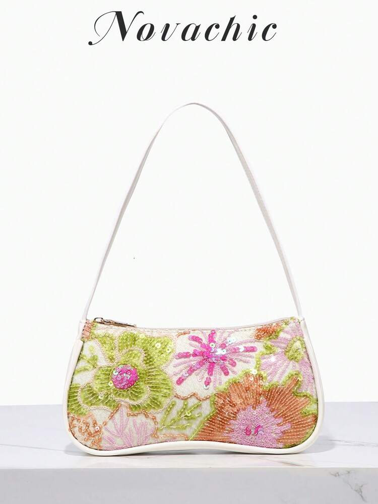 Novachic, 1pc, Vacation Style Summer Bags, Colorful Floral Beaded Decor, Minimalist, Summer Holiday Vibes, Women Zipper Handle Tote Bag, Shoulder Bag, Suitable For Vacation, Parties, Etc. (Floral Position Random) | SHEIN