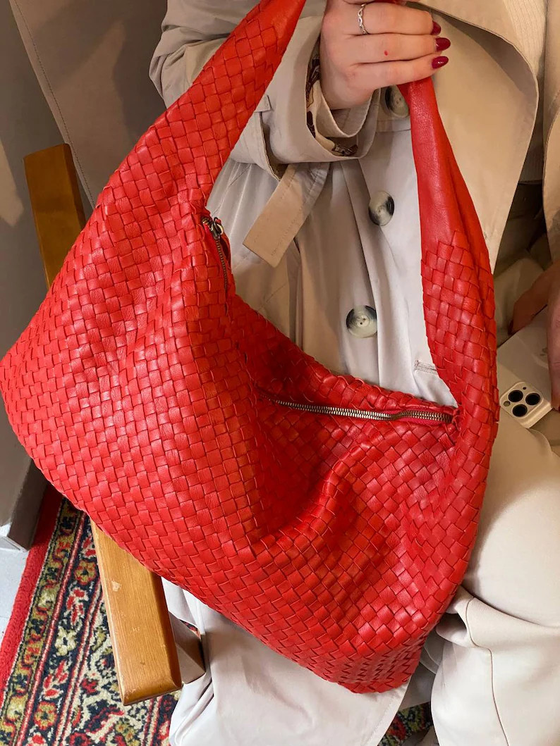 Red Woven Leather Tote, Braided Shoulder Hobo Bag, Large Statement Handbag, Luxury Crimson Purse,... | Etsy (Global)