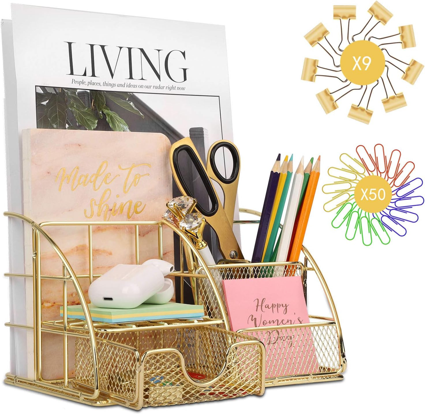 Gold Desk Organizer - Wayin Upgraded Mesh Office Supplies Desk Accessories with 6 Compartments + ... | Amazon (US)