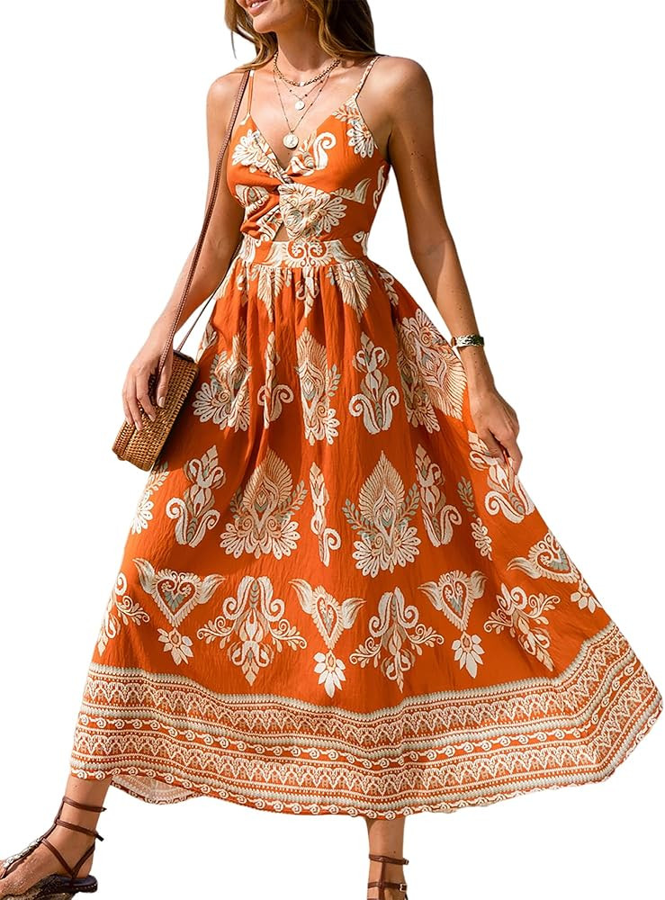 CUPSHE Women's Maxi Dresses Floral Twisted V Neck Sleeveless Formal Ruffled Casual Long Summer Dr... | Amazon (US)