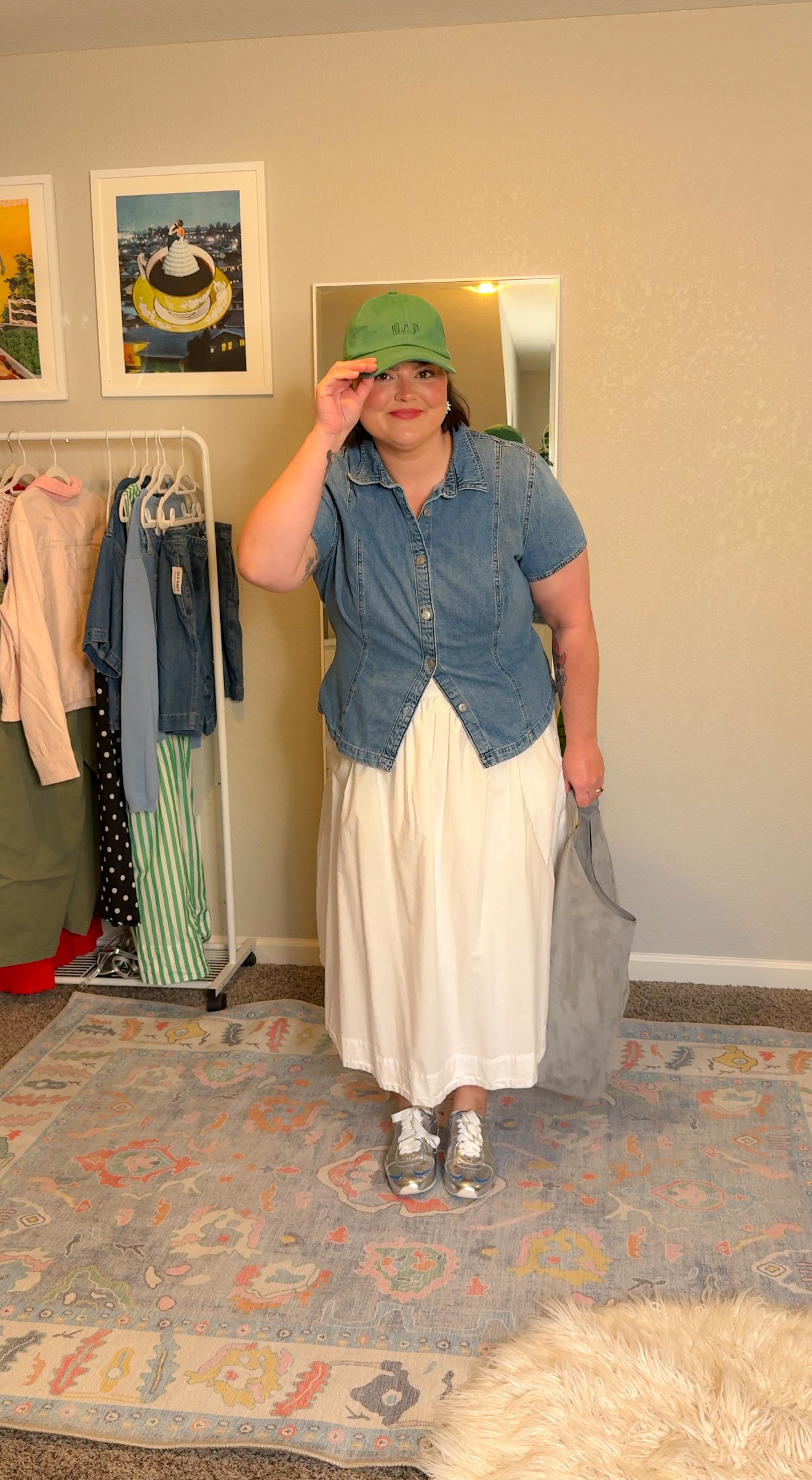 5 ways to style a white skirt: denim + sneakers ~ such a cool girl fit! 

I love adding a ball cap to an outfit like this to dress it down so it feels more wearable for everyday.  

 #LTKMidsize #LTKPlusSize