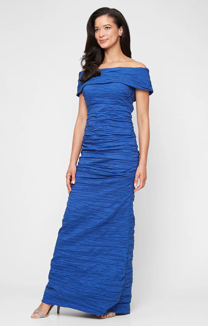 Crinkle Stretch Taffeta Off the Shoulder Gown with Foldover Cuff Neckline | Alex Evenings