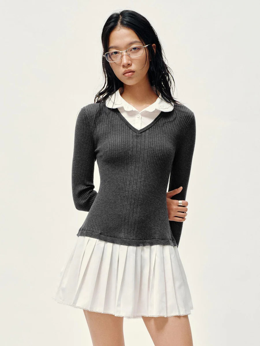 2 In 1 Polo Neck Knitted Pleated Mini Dresses | Urban Revivo