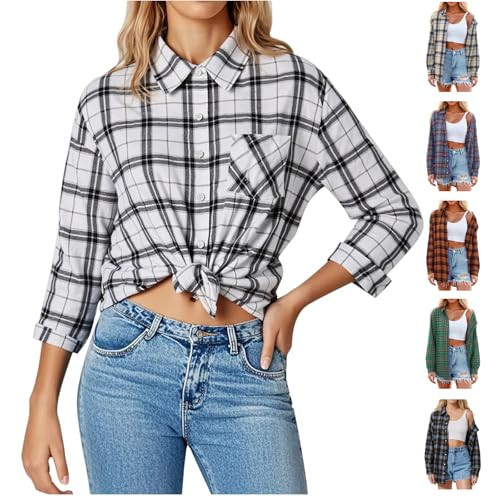 Plaid Shirts for Women,Plaid Shirts for Women Lightweight Button Down Flannel Shirt Long Sleeve Lapel Business Casual Blouse Tops Cowgirl Jacket Western Oversized Tshirt Fall Girls(15-Black,M) | Amazon (US)