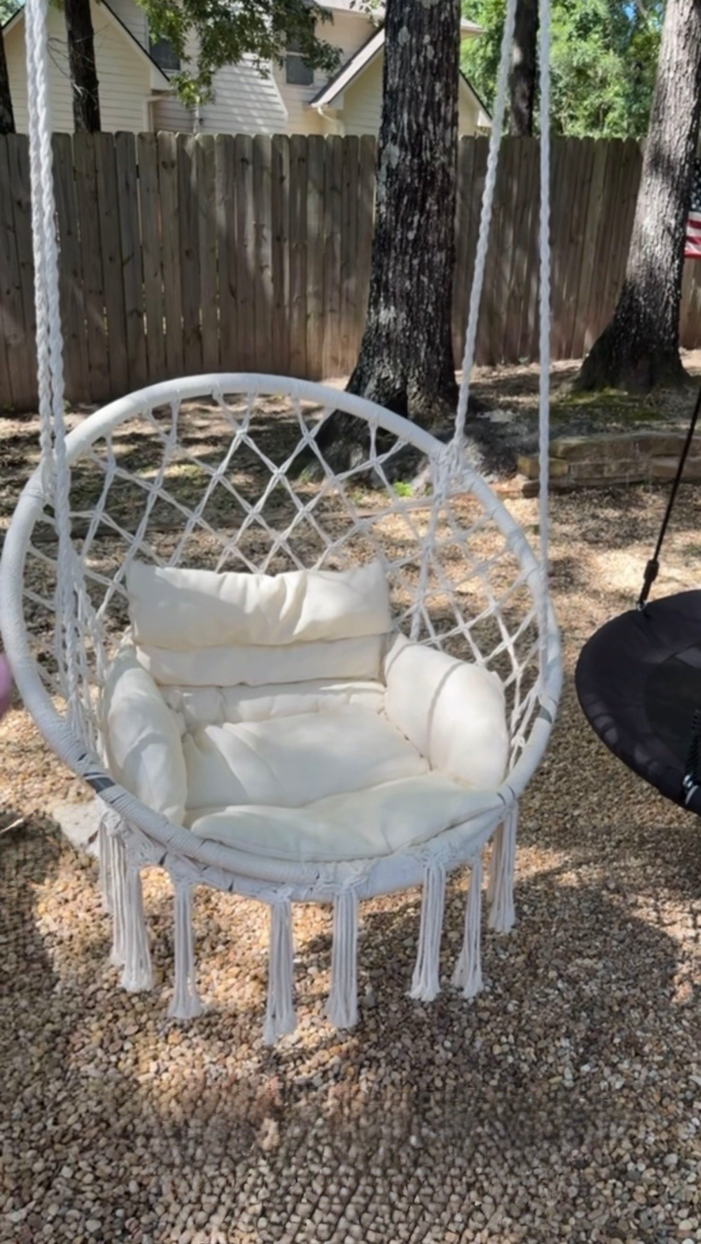 The macrame swings we have 
Hold up to 330 pounds 
Indoor/outdoor use (outdoor porch/patio)*
Come with a cushion 
Come with hanging hardware

*since I have mine out in my yard and not a covered patio space- I sprayed them with a water repellent spray to help increase longevity

#LTKSeasonal #LTKmomlife #LTKKids