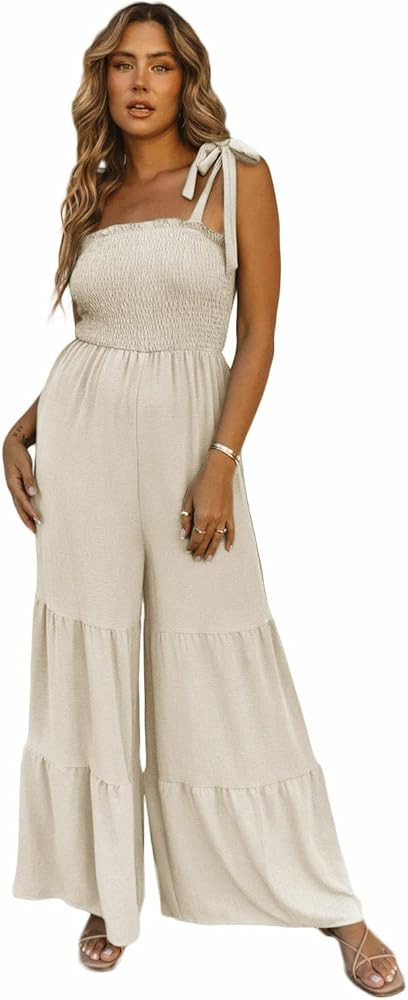 LEMAFER Women's Tie Straps Shirred Bodice Tiered Wide Leg Jumpsuit Casual Loose Sleeveless Romper... | Amazon (US)