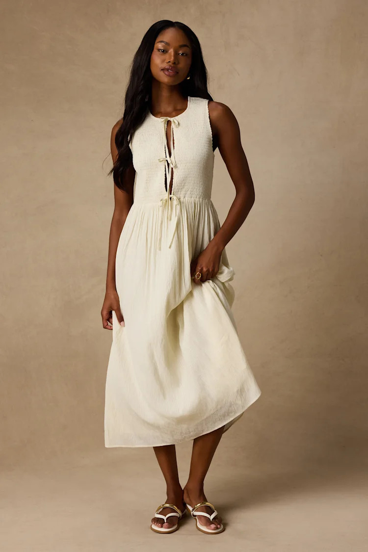 Nala Ivory Smocked Tie-Front Midi Dress | Lulus