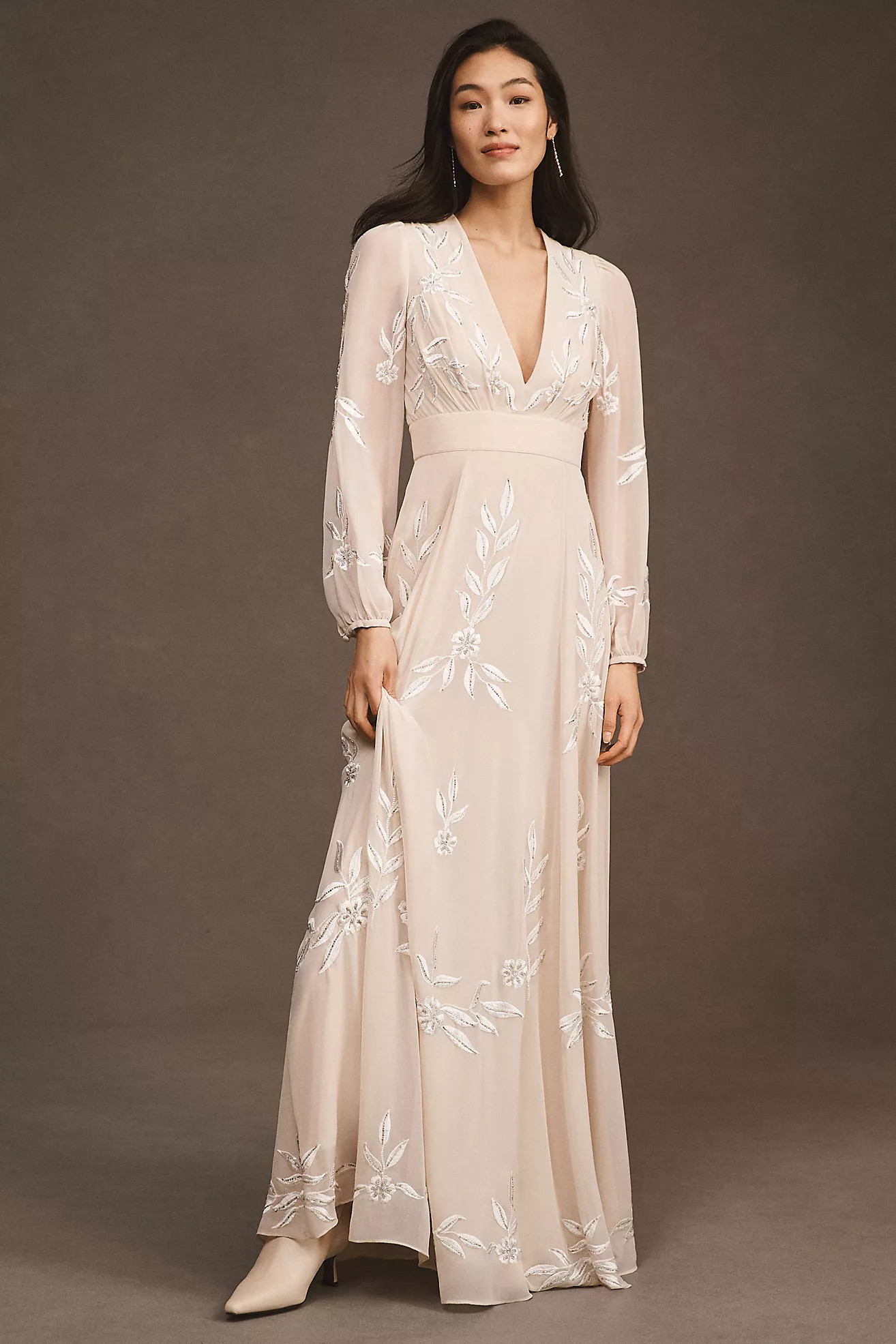 BHLDN Belize Embroidered A-Line Long-Sleeve V-Neck Gown | Anthropologie (US)
