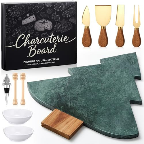 10 Pcs Christmas Tree Charcuterie Board Gift Set with Marble Wood Cutting Serving Tray Cheese Knives Fork Honey Stick Wine Stopper Flavoring Dish Kitchen Utensils Gifts for Xmas Holiday Party Favor | Amazon (US)