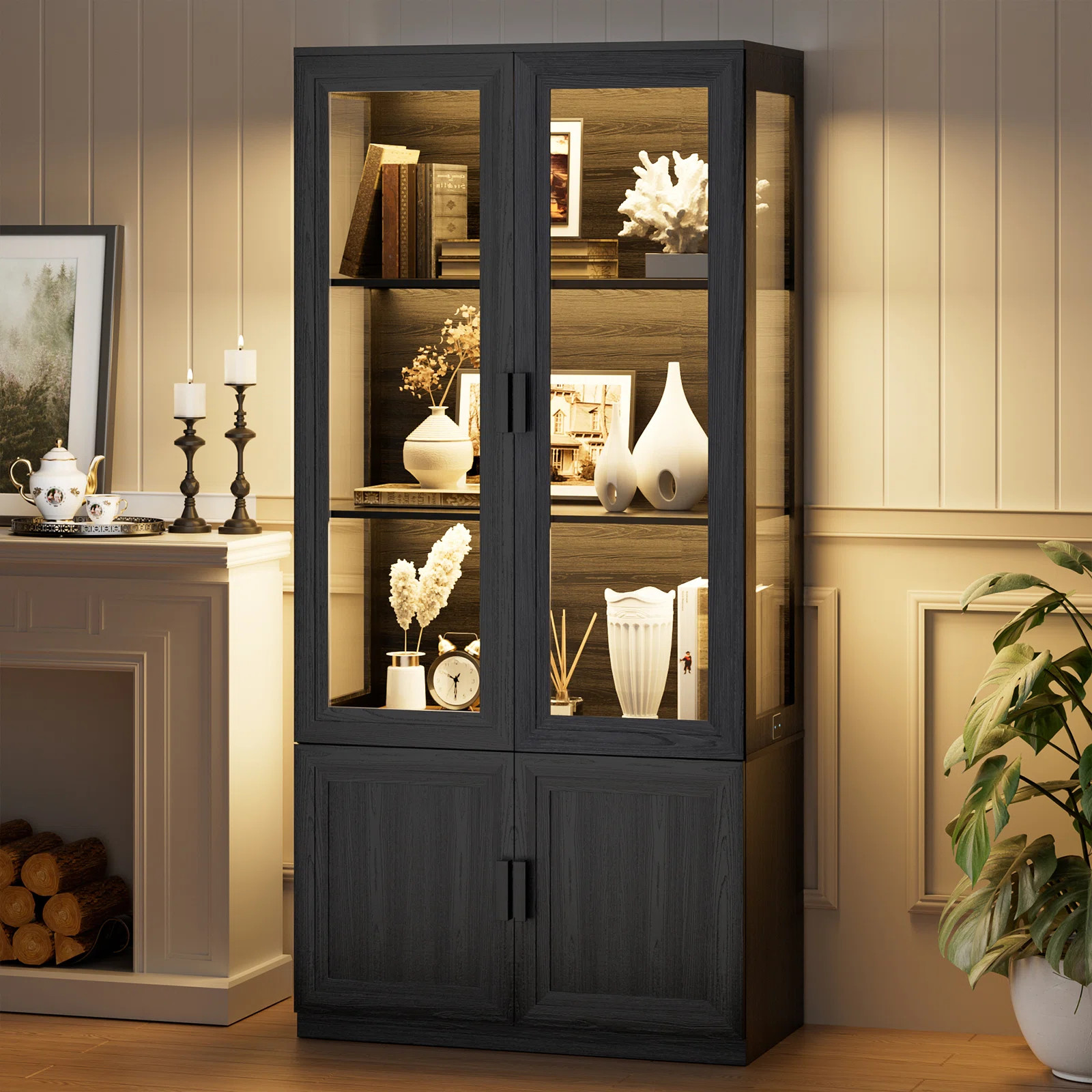 Curio Display Cabinet with Glass Doors, Bookcase with LED Lights, Black | Wayfair North America