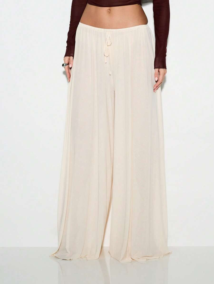 KIZN Flowy Wide Leg Palazzo Pants Beach Resort Wear Lounge Pants With Drawstring Lightweight Summ... | SHEIN