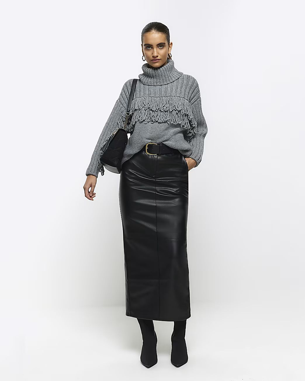 Black faux leather belted midi skirt | River Island (UK & IE)
