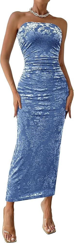BTFBM Women's Summer Maxi Tube Dress Strapless Side Slit Long Floral Bodycon Dress Elegant Party ... | Amazon (US)