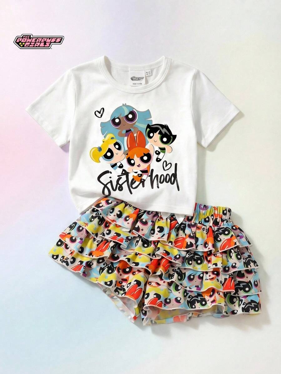 THE POWERPUFF GIRLS X SHEIN Maija Kids Young Girl Patterned Knit Soft Round Neck Short Sleeve Pul... | SHEIN