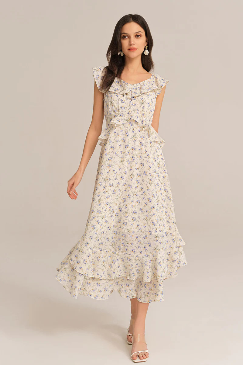 Chiffon V-Neck Sleeveless Ruffle Decorated Floral Maxi Dress - Yellow | GRACE KARIN