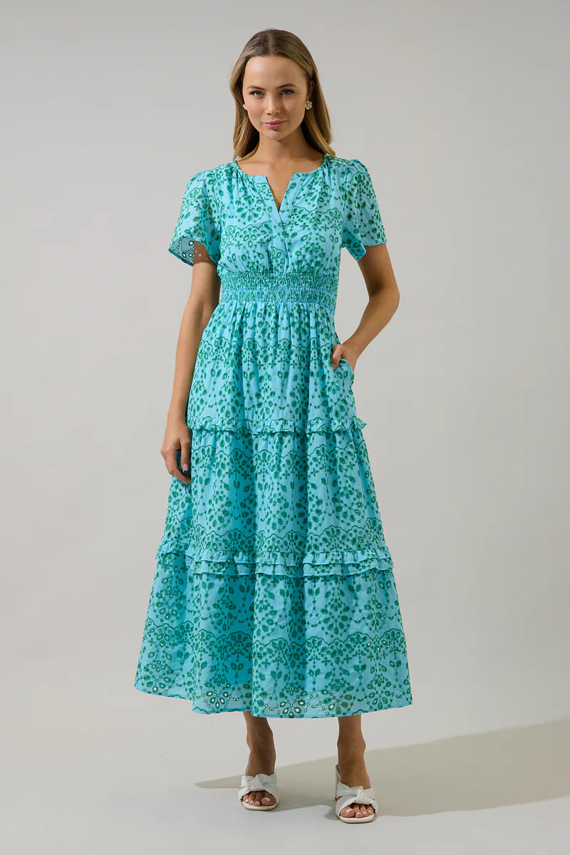 Viridiana Floral Eyelet Palmer Poplin Tiered Maxi Dress | Sugarlips