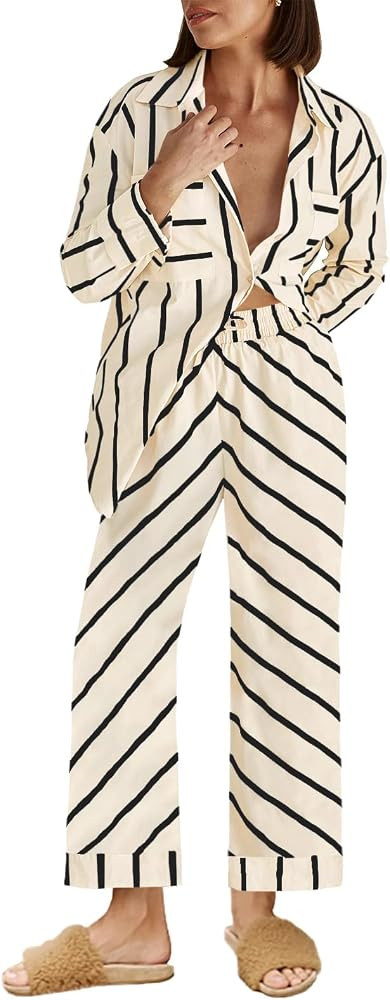 Tankaneo Womens Striped 2 Piece Outfits Casual Button Down Shirts Drawstring Pants Loungewear Paj... | Amazon (US)