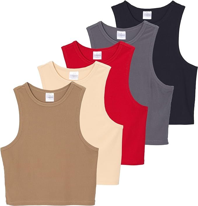 Real Essentials 5 Pack: Women's Ribbed Sleeveless Cropped Racerback Tank Top Casual Crop Top | Amazon (US)