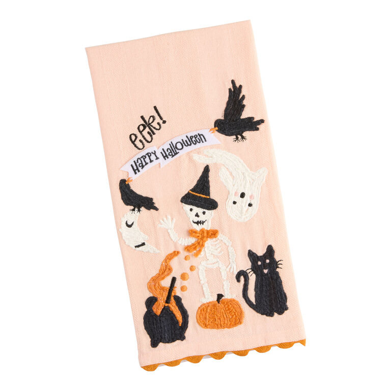 Light Pink and Orange Skeleton Witch Embroidered Kitchen Towel | World Market